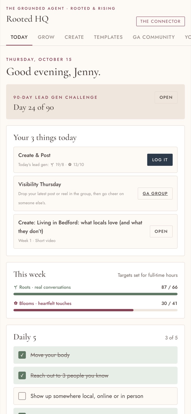 Rooted HQ dashboard on a phone, showing Day 24 of the 90-Day Lead Gen Challenge